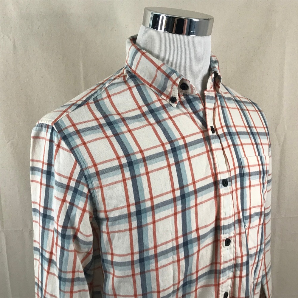 J.Crew Medium Slim Fit Flannel Button Down Shirt Orange Blue Plaid Cotton Mens